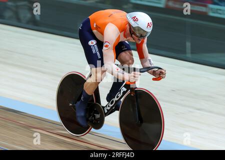 Glasgow, Großbritannien. 03. Aug. 2023. GLASGOW, SCHOTTLAND - 3. AUGUST: Jeffrey Hoogland der Niederlande während des Men Elite Team Sprint am 1. Tag der UCI Cycling World Championships 96. Glasgow 2023 am 3. August 2023 in Glasgow, Schottland. (Foto: Tim Buitenhuis/BSR Agency) Kredit: BSR Agency/Alamy Live News Stockfoto