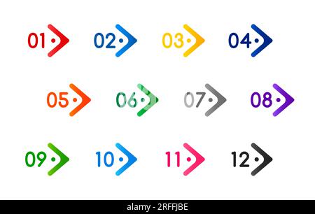 Aufzählungspunkte und Pfeilsymbole für Infografiken oder Präsentationen, Vektorzeiger. Nummerieren Sie Aufzählungspunkte oder Schaltflächen für die Überschriftenliste oder Titelmarke Stock Vektor