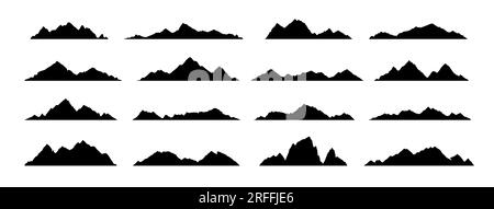 Schwarze Silhouetten von Bergen, Hügeln und Felsen. Vector Felsgräben und Kämme mit Schneespitzen und -Höhen. Die Silhouetten der Berglandschaft, der Wanderbereich Stock Vektor