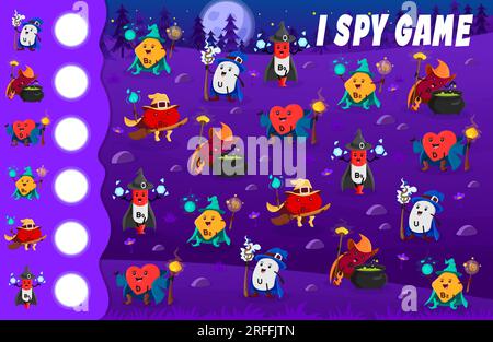 Ich sehe ein Spielearbeitsblatt. Karikatur-Vitaminmagier und Zauberer im Halloween-Wald. Kinder-Vektor-Rätsel wie viele U, P, D, B2, B12 und B9 Mikronährstoff-Verschlüsse Stock Vektor