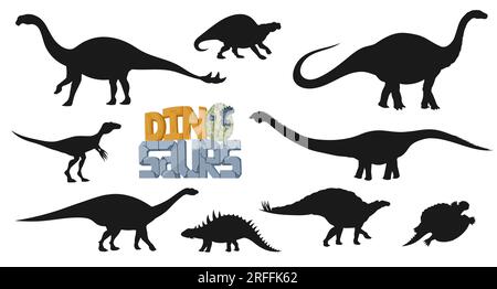 Cartoon-Dinosaurier-Silhouetten prähistorischer Monster. Vektor-Dino-Tierset, wuerhosaurus, Shunosaurus, Eoraptor und Henodus. Apatosaurus, Polacanth Stock Vektor