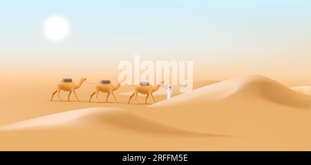 Cameleer Männer mit Kamelkarawane in einer Wüstenlandschaft, Mann führt Tiere in Dünen, 3D-Darstellung Hintergrund Stock Vektor