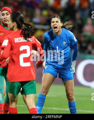 Perth, Australien. 3. Aug. 2023. Der marokkanische Torhüter Khadija Er-Rmichi reagiert während des Spiels der Gruppe H zwischen Marokko und Kolumbien bei der FIFA Women's World Cup 2023 in Perth, Australien, am 3. August 2023. Kredit: Ding Ting/Xinhua/Alamy Live News Stockfoto