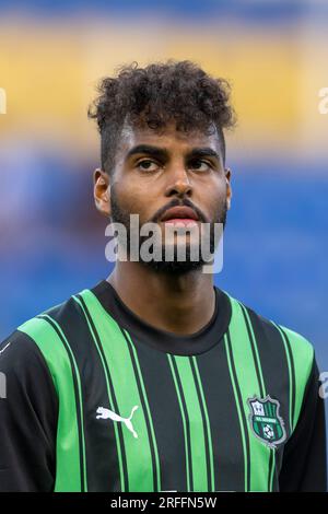 Parma, Italien. 2. August 2023: Kevin Miranda (Sassuolo) während des italienischen Freundschaftsspiels „Serie A“ zwischen Parma 1-0 Sassuolo im Ennio Tardini Stadion am 2. August 2023 in Parma, Italien. Kredit: Maurizio Borsari/AFLO/Alamy Live News Stockfoto