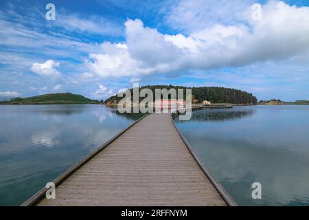 Fußgängerbrücke auf der albanischen Insel Zveraq. Eine idyllische Landschaft in der Lagune von Narta. Stockfoto