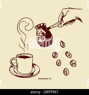 Eine Tasse Kaffee, Kaffeebohnen, eine Cezve in der Hand eines Mannes. Vektordarstellung im Grafikstil. Menüs, Lebensmittelverpackungen, Etiketten für Kaffeeprodukte. Stock Vektor
