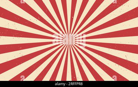 Zirkushintergrund und Vektormuster spiralförmiger Retrostrahlen. Vintage-Poster mit roter, weißer Sonne oder sternförmigen radialen Linien mit Grunge-Struktur, Zirkus, Karniv Stock Vektor