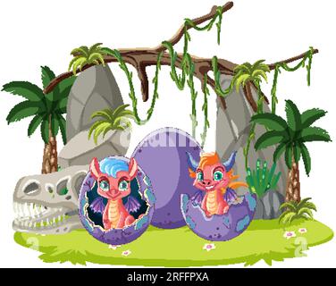 Ein niedlicher Cartoon-Babydrache sitzt in einem natürlichen Hintergrund Stock Vektor