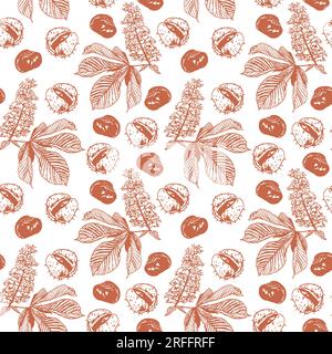 Blätter, Blüten und Früchte der Kastanie. Nahtloses Vektormuster der Kastanienpflanze im Grafikstil. Designelement für Geschenkpapier, Textilien, Deckblätter Stock Vektor