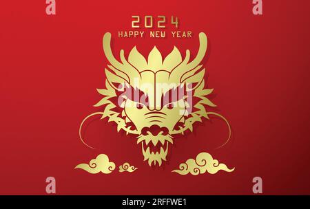 Chinesischer Drachenkopf Gold Papier geschnitten für das Jahr des Drachen 2024 Banner Design Vector. Stock Vektor