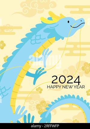 Chinesischer Drache fliegt in asiatischen, traditionellen Wolken Neujahr Kartenvorlage Vektor. Wir wünschen Ihnen ein frohes Mondjahr in Asien, Jahr des Drachen 2024. Stock Vektor