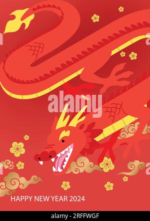 Fliegender chinesischer Drache Neujahr Karte orientalische Wolken und Pflaumenblumen Dekoration im Hintergrund. Mondneujahr, Jahr des Drachen 2024 Grußkarte. Stock Vektor