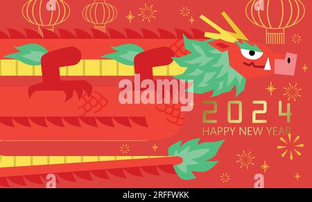 Chinesischer Drache 2024 mit Zodiac-Stilisierung, mit Papierlaternen und Feuerwerk im Hintergrund. Jahr des Drachenbanner-Vorlagenvektors. Stock Vektor