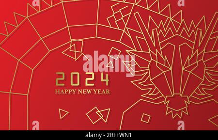 Frohe chinesische Neujahrskarte mit 2024 goldenen Linien für Drachen. Zodiac-Drachenkopf-Grußkarte für das neue Mondjahr. Stock Vektor