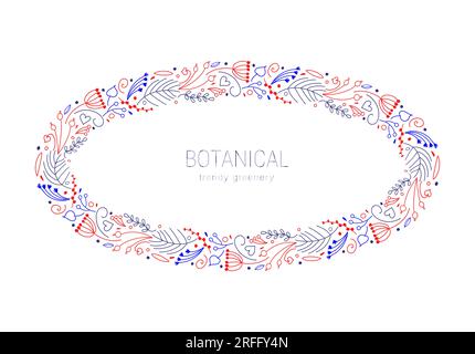 Ein niedlicher Rahmen aus handgezeichneten botanischen kleinen Elementen, Zweigen, Beeren, Blumen, Pinienzweigen im Kritzelstil, isoliert Stock Vektor