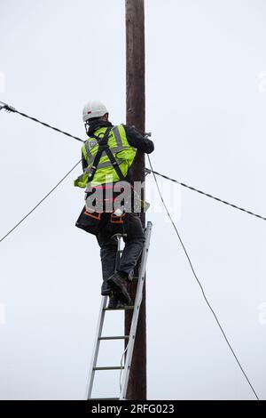 Techniker, der ein Breitband-Glasfaserkabel an einen Pol anschließt Stockfoto