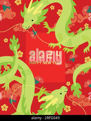 Zwei chinesische Drachen Silvester 2024 Karte mit verblüffenden Wolken und dekorativen Blumen, Pflaumenblüten im Hintergrund. Jahr der Drachen-Vektorvorlage. Stock Vektor