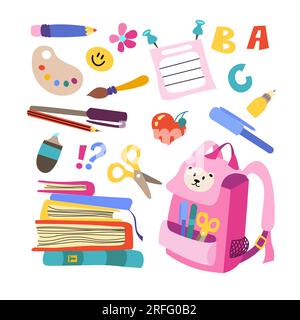 Ein Set mit Schulbedarf. Vector Elements Rucksack, Bleistifte, Pinsel, Farben, Bücher. Kinder, süße Briefpapier-Fächer. Zurück in die Schule. Stock Vektor