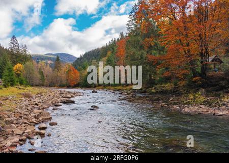 Der Fluss fließt durch das ländliche Tal. Berglandschaft im Herbst Stockfoto