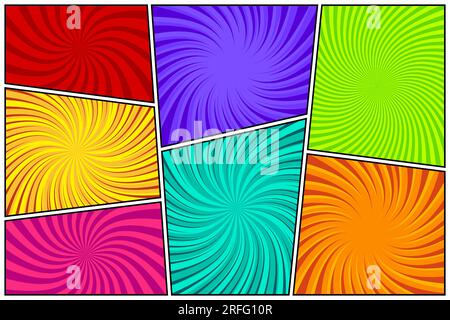 Bunte, verdrehte Comicbücher, radiale Strahlen, Linien. Comics-Hintergrund mit Bewegung, Geschwindigkeitslinien. Elemente im Pop-Art-Stil. Vektordarstellung Stock Vektor