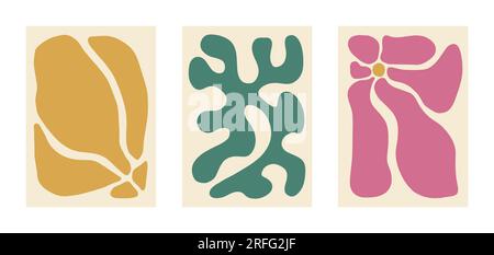 Naive Pudelkurve – Ästhetisches Poster in Gelb, Grün, Pink. Groovie Abstract Flower, Coral, Seashell im Retro-Stil. Organische Hippie-Hintergründe für T-Shirts, Hintergrundbilder, Case Phone. Stock Vektor