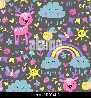 Niedliche Kindermuster mit Tieren, Wolken, Regenbogen, Beeren und Blumen, nahtloser Hintergrund für Babys. Vektorstruktur für Kindertextilien. Stock Vektor