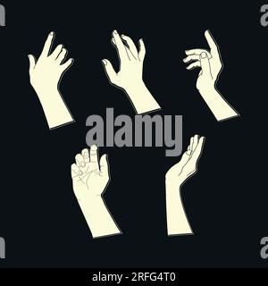Ein Satz menschlicher Hände mit verschiedenen anmutigen Gesten. Helle Handsilhouetten auf schwarzem Hintergrund. Vektordarstellung Stock Vektor