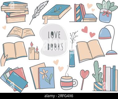 Handgezeichnetes Set für Buchliebhaber. Verschiedene Bücher und Notizbücher, ein Stapel Bücher und ein offenes Lehrbuch. Bildungs- und Lesesammlung, isolierter Vektor Stock Vektor