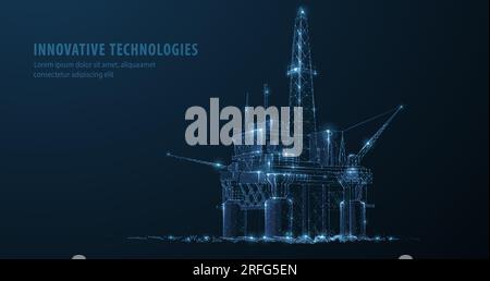 Bohrinsel. Abstract 3D schwimmende Plattform isoliert auf blau. Gasplattform, Offshore-Bohrungen, Raffinerieanlage, Erdölindustrie, Energieressourcen, gasthaus Stock Vektor