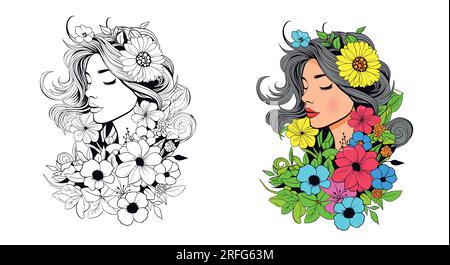 Vektordarstellung eines Mädchenporträts und Dekoration des Haares mit Blumen. Design für Einladungskarte, Bilderrahmen, Poster, Sammelalbum Stock Vektor