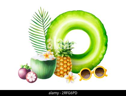Aquarelle Fruchtzusammensetzung mit frischer Ananas, Mangostanen, Sonnenbrille, Palmenblättern, grüner Kokosnuss mit Tube für Getränke, Orchideenblumen und frangi Stockfoto