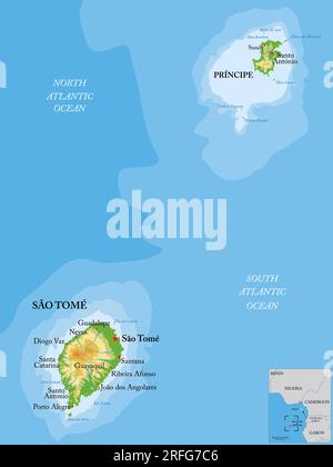 Sehr detaillierte physische Karte von São Tomé und Príncipe im Vektorformat, mit allen Reliefformen, Regionen und Großstädten. Stock Vektor