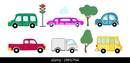 Niedliche Kollektion bunte Autos Vektorkunst isoliert Stock Vektor