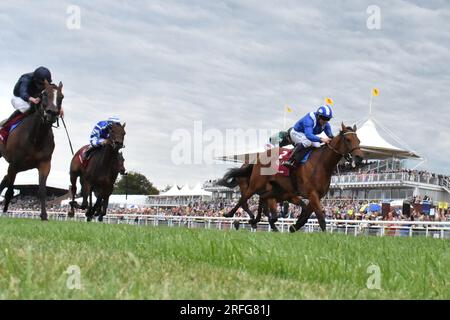 Goodwood, Großbritannien. 3. August 2023. Al Husn, geritten von Jim Crowley (ganz rechts), gewinnt die 15,35 Qatar Nassau Stakes auf der Goodwood Racecourse, Großbritannien. Kredit: Paul Blake/Alamy Live News. Stockfoto