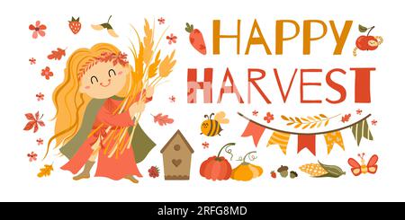 Happy Harvest Festival-Set. Flache Vektordarstellung. Collection – Designelemente mit bunten Phrasen und Mädchen mit Obst, Gemüse und Beeren. Stock Vektor