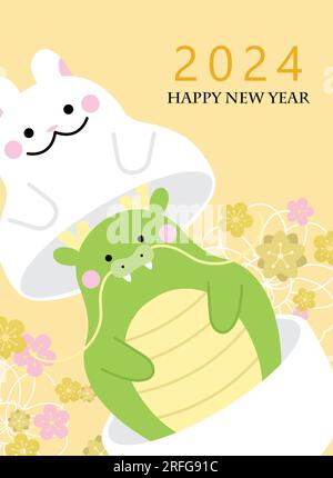 Chinesischer Zodiakkaninchen und Zodiakdrachen für das Jahr des Drachen 2024. Mondschein Neujahr 2024 Grußkartendesign mit Blumenhintergrund und Pflaumenblüten. Stock Vektor