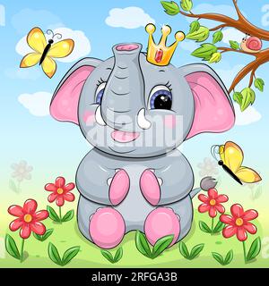 Süßer Cartoon-Elefant mit einer Krone in der Natur. Frühlingstier-Vektorbild mit roten Blumen, gelben Schmetterlingen, grünem Gras, Baum, blauem Himmel. Stock Vektor
