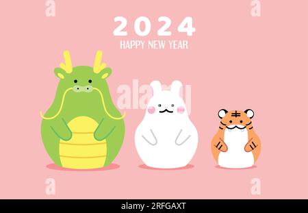 Drei Tierarten Drachen Kaninchen-Tiger für grußkartendesign mit 2024 cny. Das Jahr des Drachenbanners mit dem früheren Jahr des Kaninchens. Stock Vektor