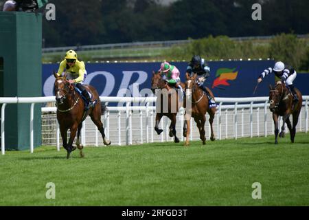 Goodwood, Großbritannien. 3. August 2023. Royal Rhyme, geritten von Clifford Lee, gewinnt die 13,50 Coral Kingcsem Handicap Stakes auf der Goodwood Racecourse, Großbritannien. Kredit: Paul Blake/Alamy Live News. Stockfoto