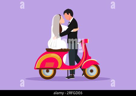 Flaches Grafikdesign, das Ehepaar mit Hochzeitskleid beim Küssen auf dem Motorrad zeigt. Ehefrau und Ehemann mit Roller, Liebesbeziehung. Romantische Straße Stockfoto