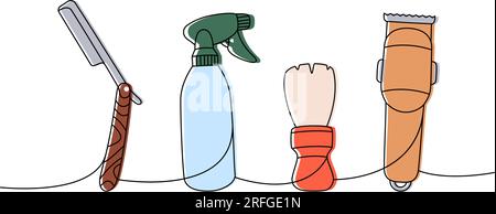 Friseurwerkzeugwerkzeuge, einzeilige, farbige, durchgehende Zeichnung. Scharfe Rasierklinge, Friseurzerstäuber, Bürste, Haarschneider, kontinuierliche Abbildung mit einer Zeile. Stock Vektor