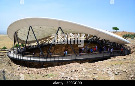 Das Gobeklitepe befindet sich in der Stadt Sanliurfa, Türkei, und ist 12 Jahre alt. Es ist das älteste bekannte historische Bauwerk der Welt bis jetzt. Stockfoto