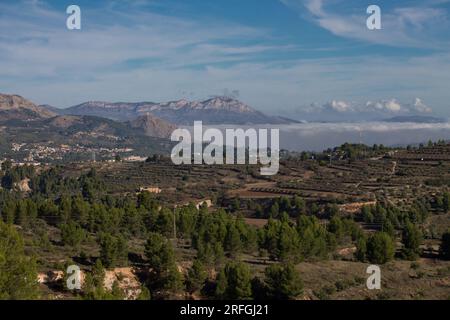 Landschaft im Inneren der Provinz Alicante mit einer Nebel-Mauer hinter der Burg von Cocentaina Stockfoto