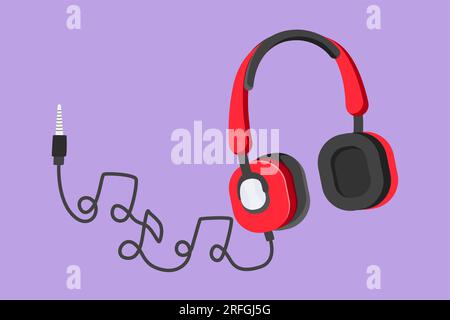 Flache Cartoon-Zeichnung mit stilisierten Kopfhörern mit Musik-Gadget und Note. Konturzeichnung des Kopfhörers mit Noten. Flat Art-Konzept von m Stockfoto