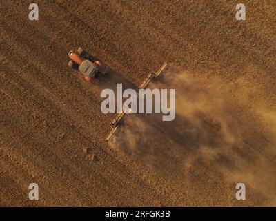 Ein Massey Ferguson-Traktor, von oben gesehen, kultiviert ein Feld nach einem extrem trockenen Sommer, um es für den Anbau vorzubereiten. Stockfoto