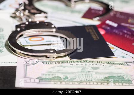 Stahlhandschellen und Kreditkarten, die auf dem Hintergrund von amerikanischen Dollars liegen. Stockfoto