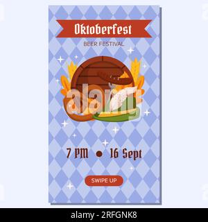 Oktoberfest Deutsches Bierfestival: Vertikale Social-Media-Story-Vorlage. Design mit Tiroler Hut, Gabel mit gegrillter Wurst, Brezel, Holzfass, Stock Vektor