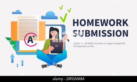 Schülerin, die einen Tablet-pc für die Einreichung von Hausaufgaben verwendet E-Learning Online-Schulungskonzept horizontaler Textbereich Stock Vektor