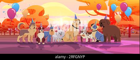 Happy National Hundetag Grußkarte verschiedene niedliche Hundeposten in Hüten Urlaub von Haustieren Konzept horizontal Stock Vektor