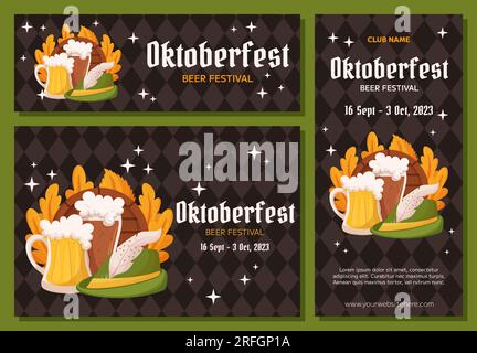 Oktoberfest Deutsches Bierfestival Hintergrund, vertikale und horizontale Bannersammlung. Design mit Glas helles und dunkles Bier, tiroler Hut und Blättern. Rhombus-Muster auf der Rückseite Stock Vektor